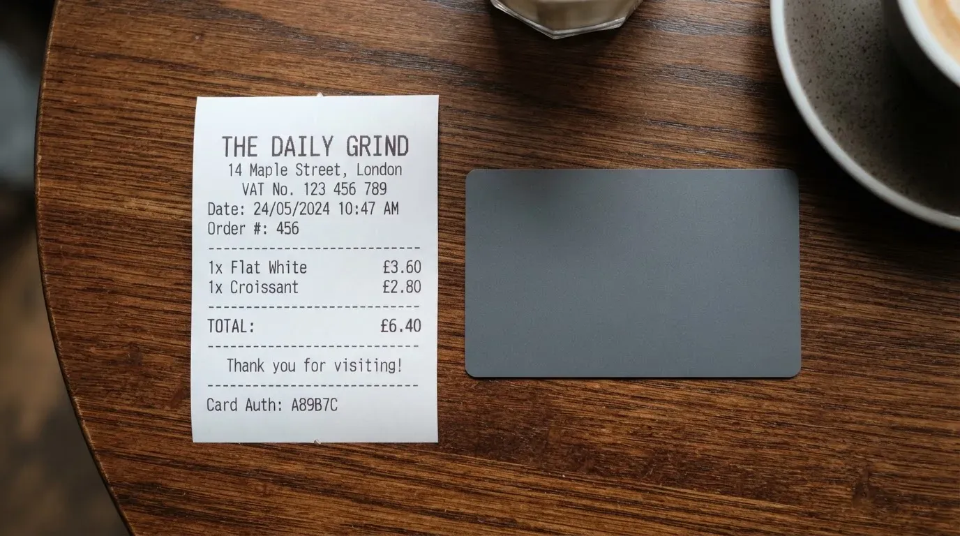 A receipt and a card on a café table