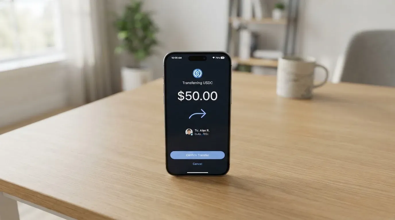 A phone showing a stablecoin transfer screen
