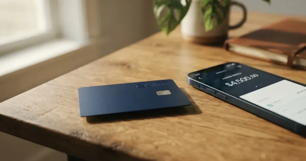 A payment card next to a phone with a crypto wallet app open