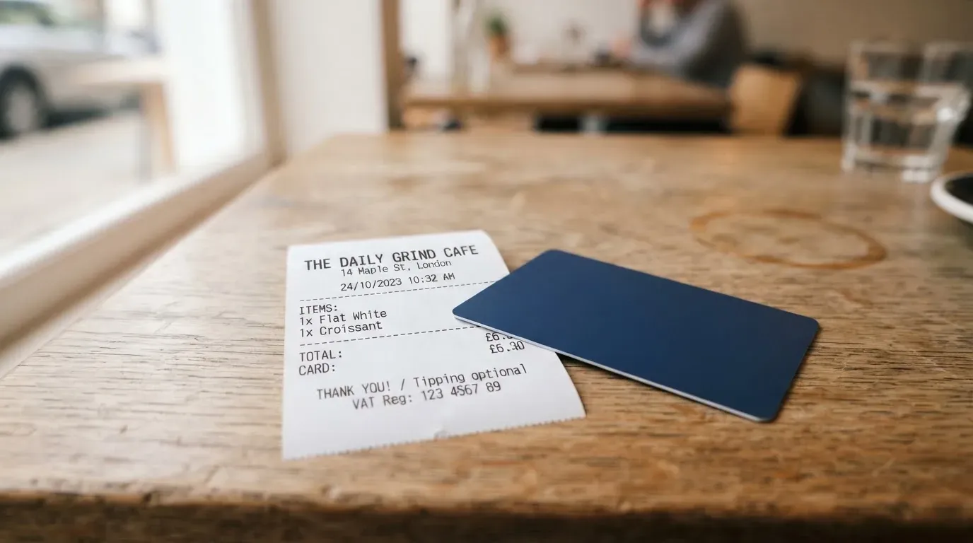 A receipt and a card on a café table
