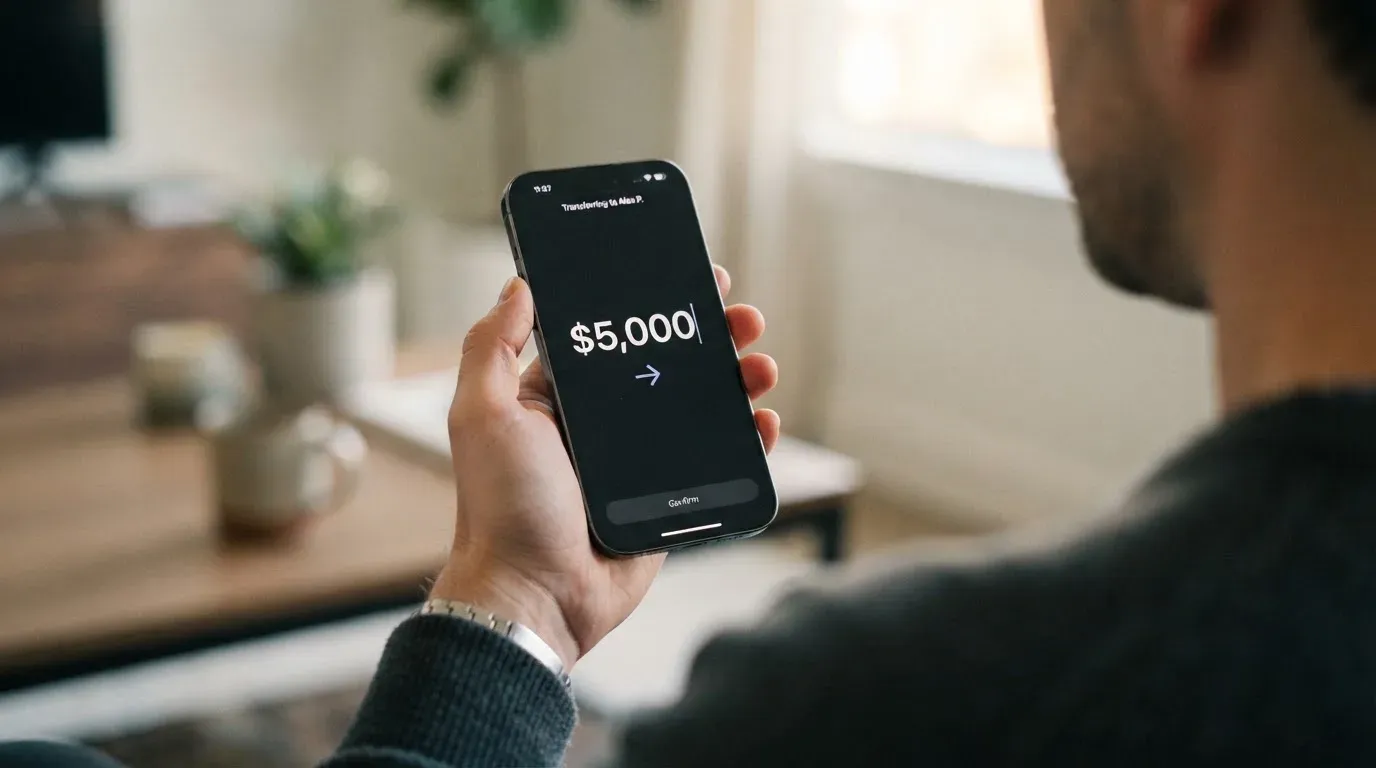 A phone showing a stablecoin transfer screen