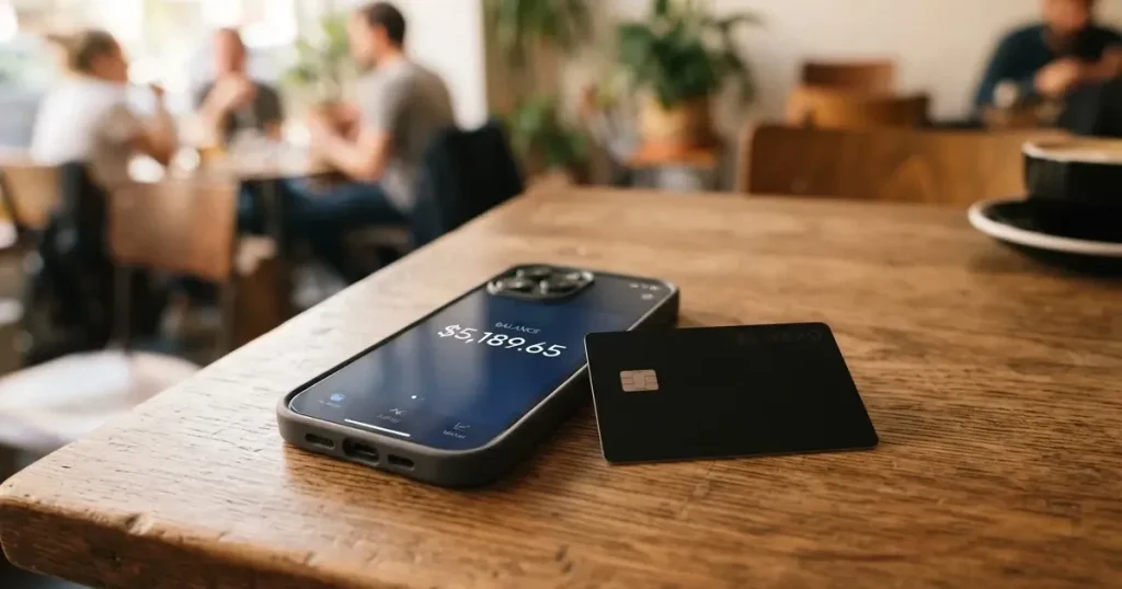 A payment card next to a phone with a crypto wallet app open
