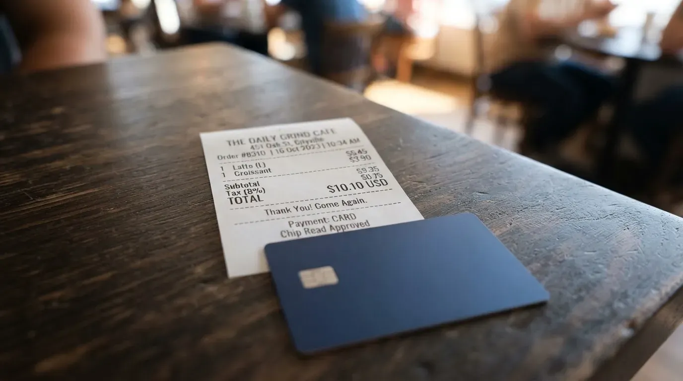 A receipt and a card on a café table
