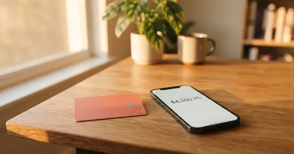A payment card next to a phone with a crypto wallet app open