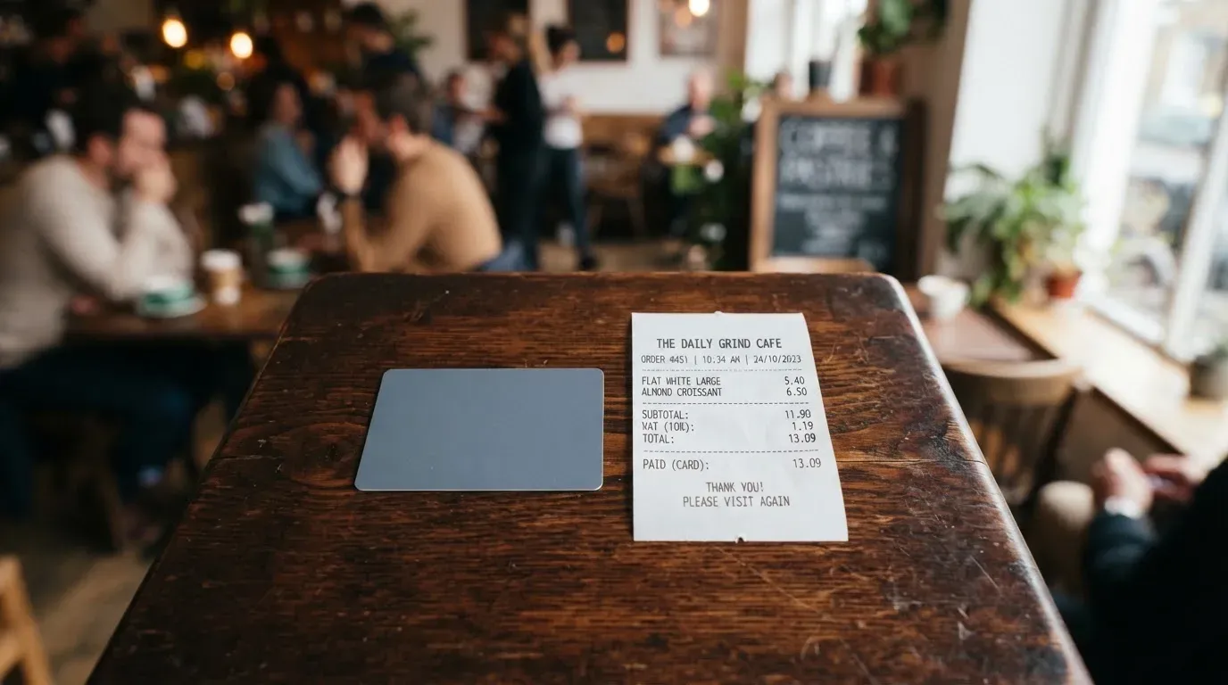 A receipt and a card on a café table