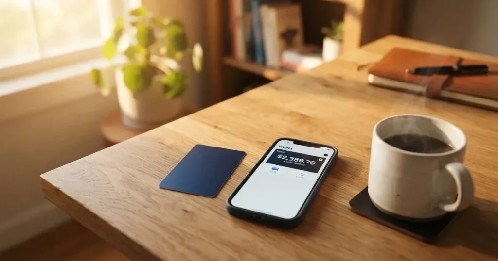 A payment card next to a phone with a crypto wallet app open