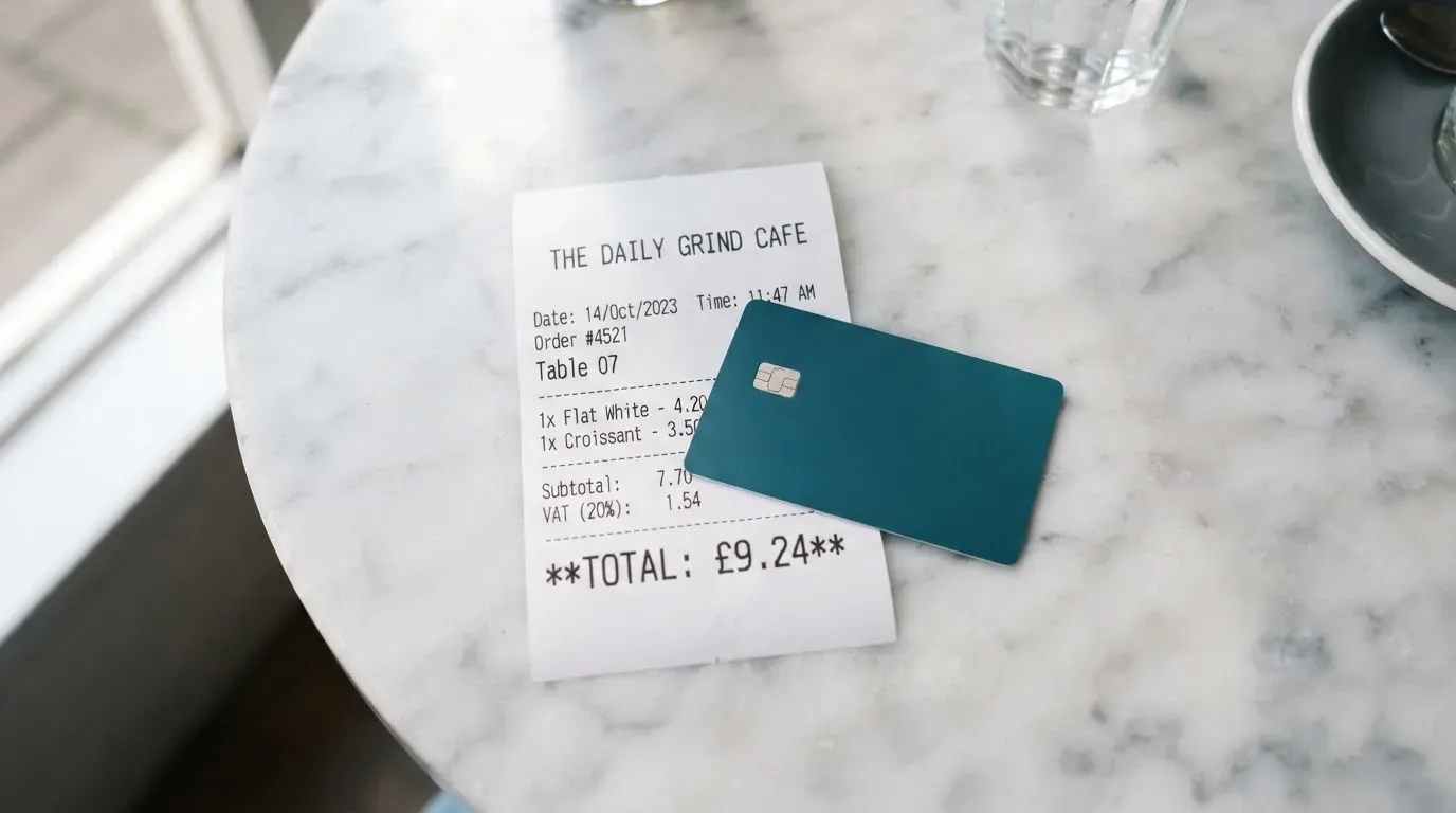 A receipt and a card on a café table