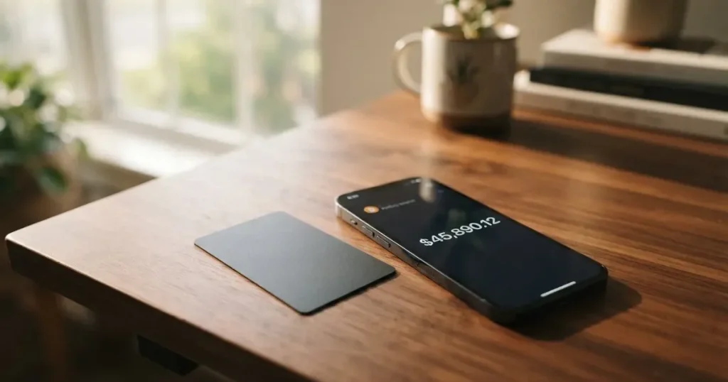A payment card next to a phone with a crypto wallet app open