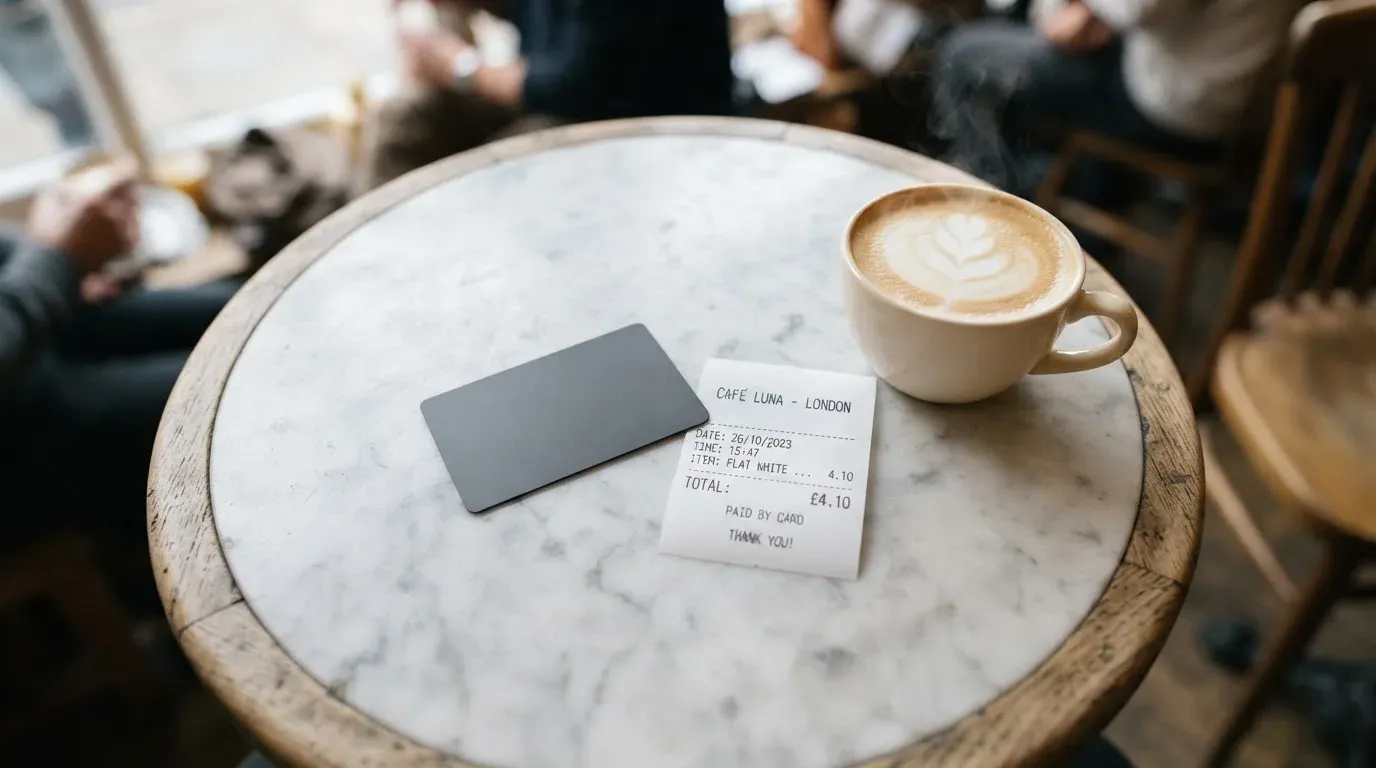 A receipt and a card on a café table