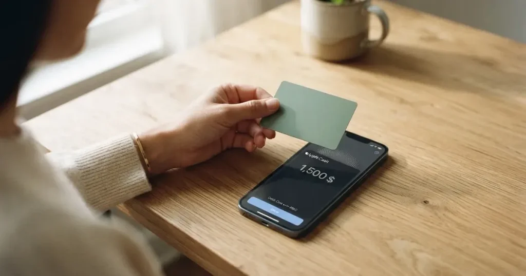 A payment card next to a phone with a crypto wallet app open