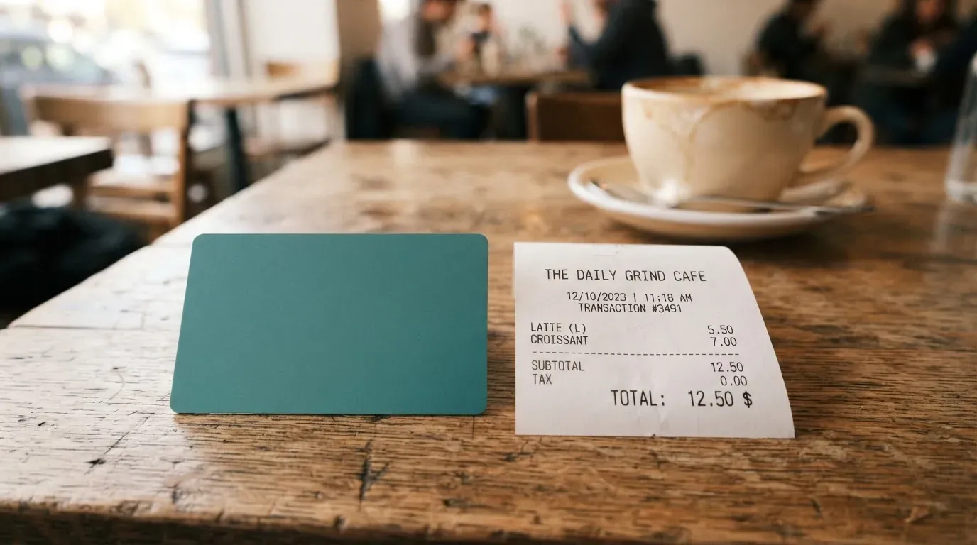 A receipt and a card on a café table