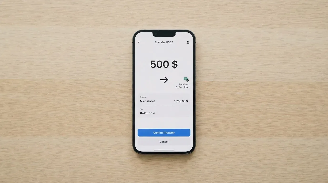 A phone showing a stablecoin transfer screen