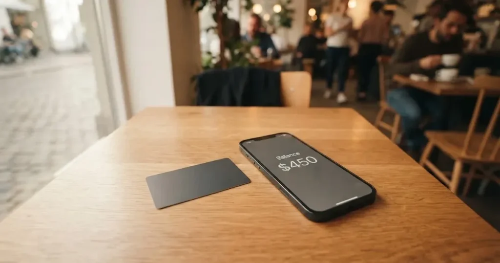 A payment card next to a phone with a crypto wallet app open