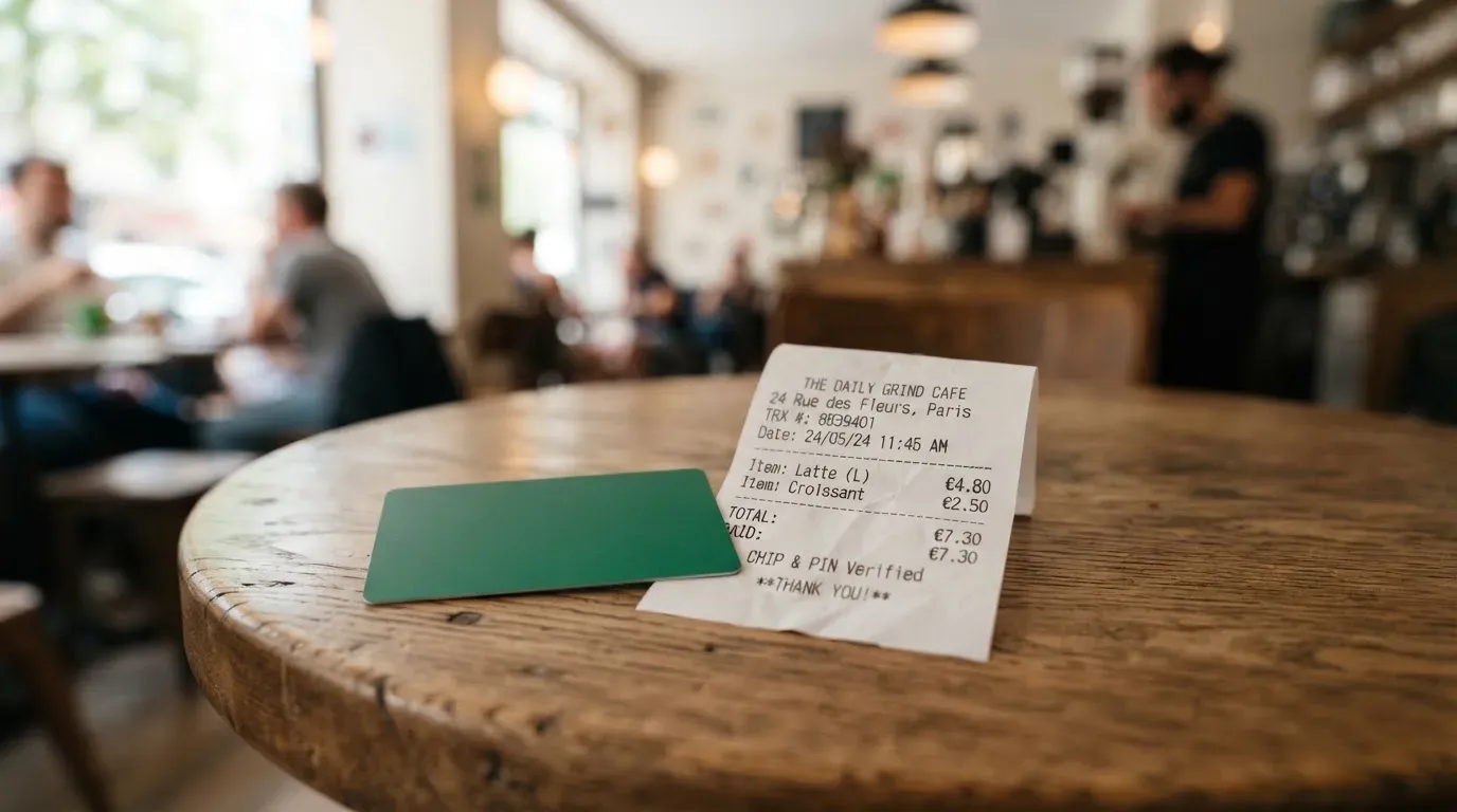 A receipt and a card on a café table