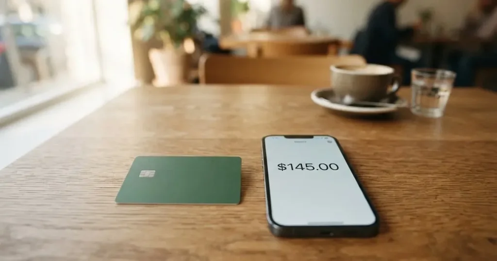 A payment card next to a phone with a crypto wallet app open