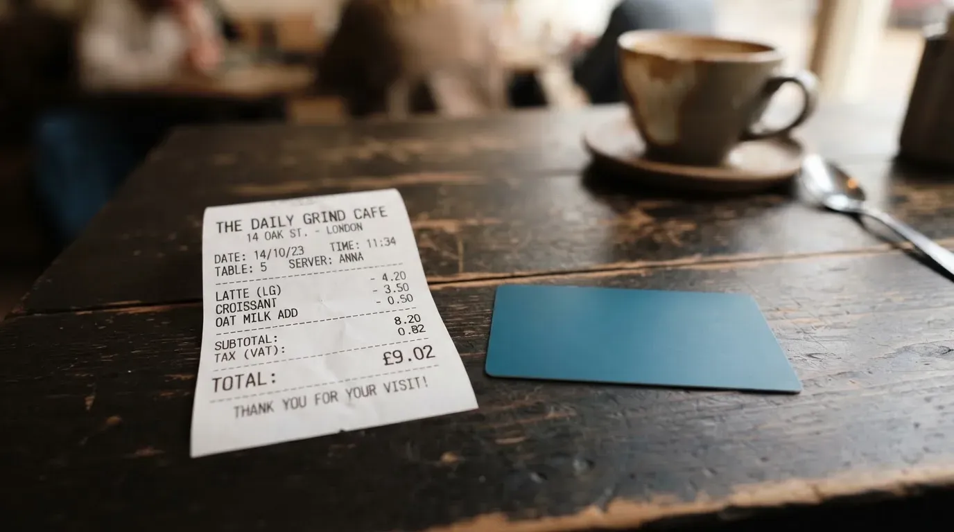 A receipt and a card on a café table