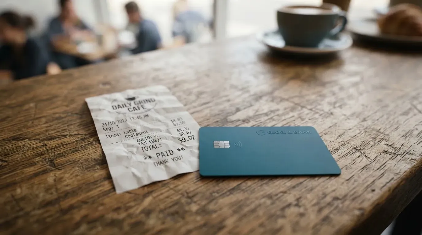 A receipt and a card on a café table