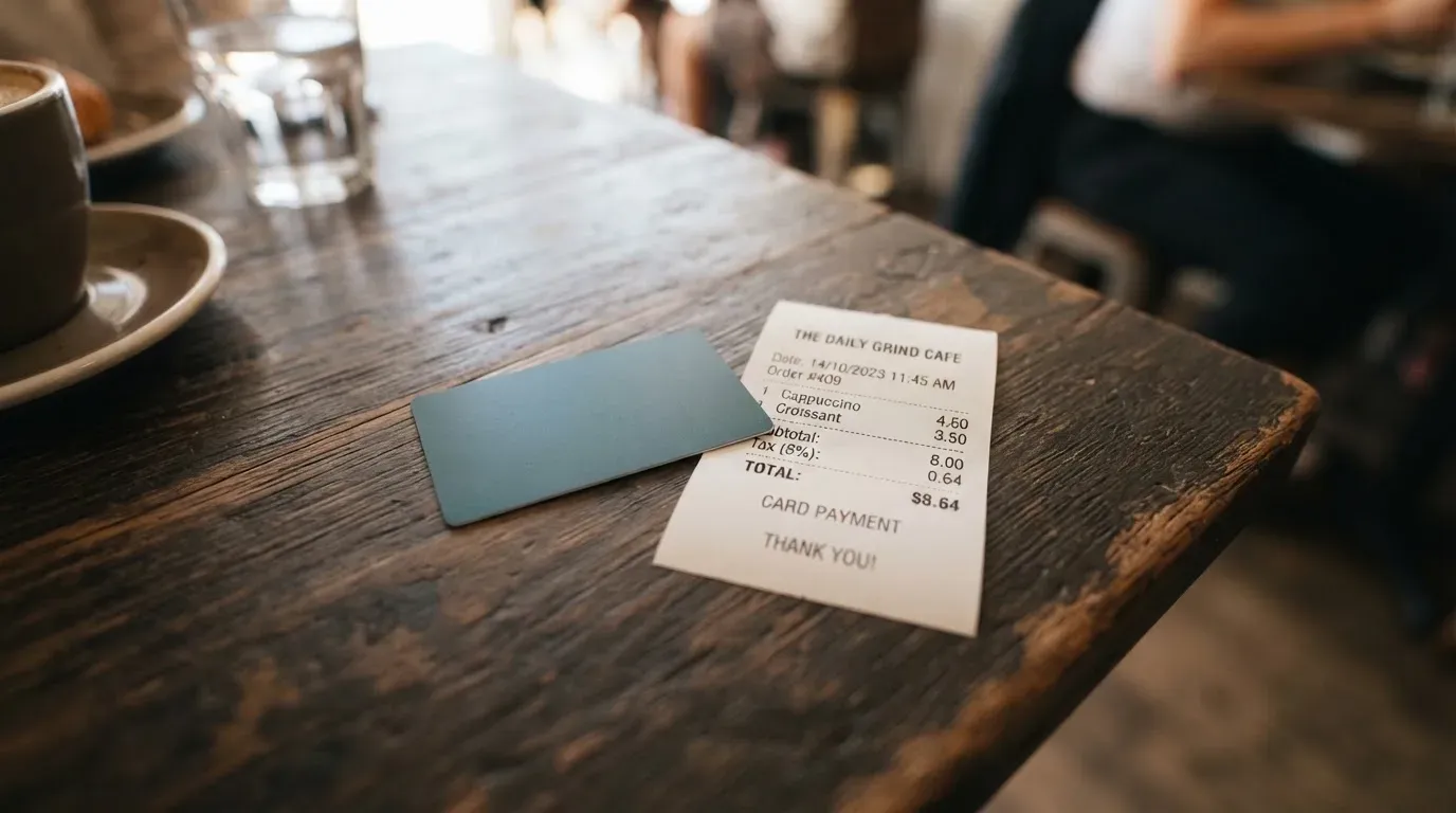 A receipt and a card on a café table