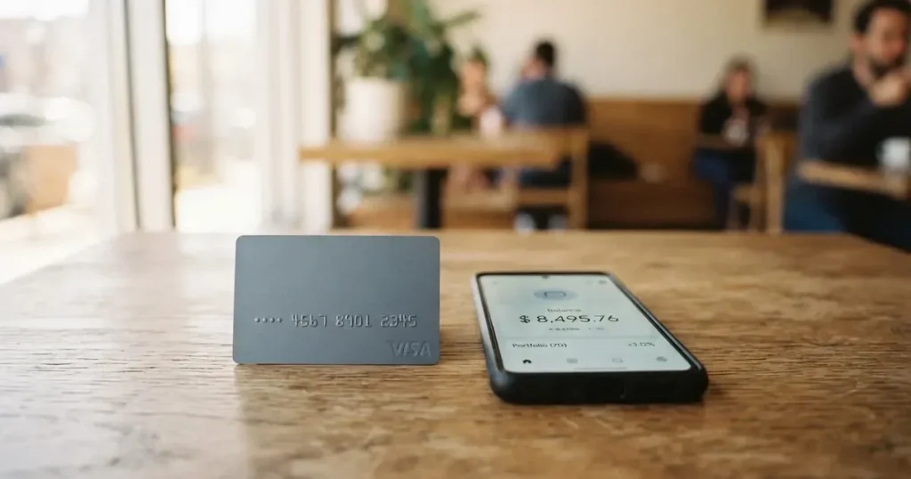 A payment card next to a phone with a crypto wallet app open
