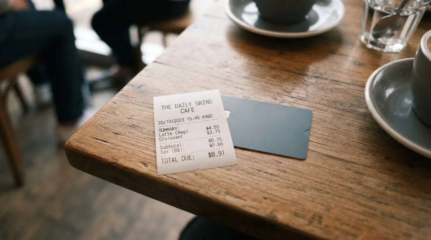 A receipt and a card on a café table