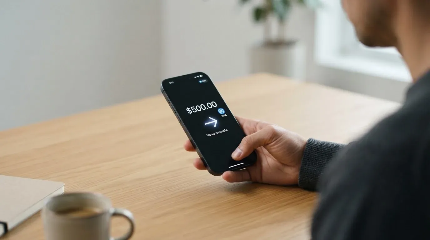 A phone showing a stablecoin transfer screen