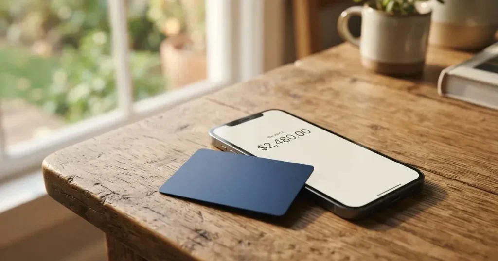 A payment card next to a phone with a crypto wallet app open