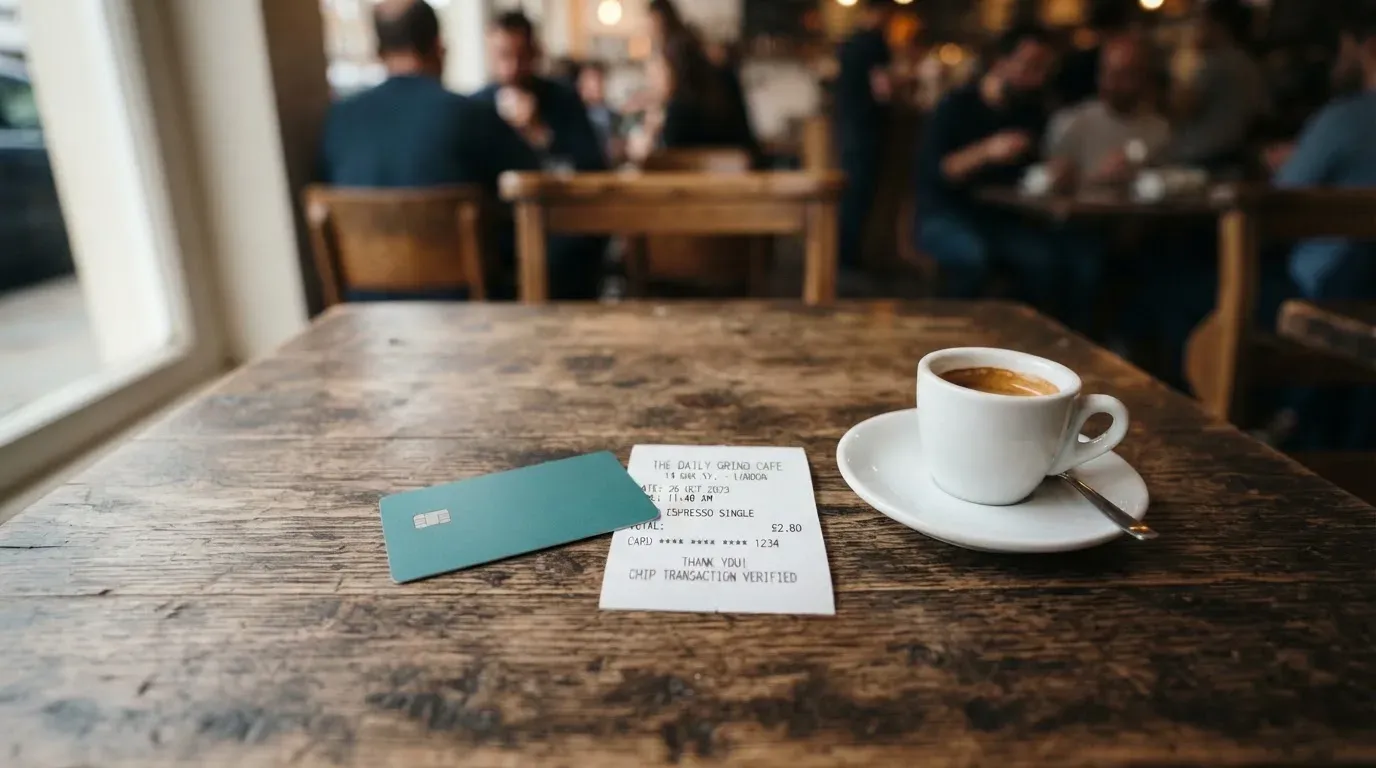A receipt and a card on a café table