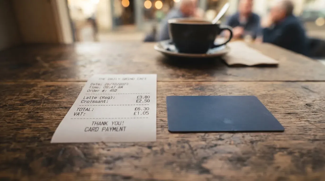 A receipt and a card on a café table