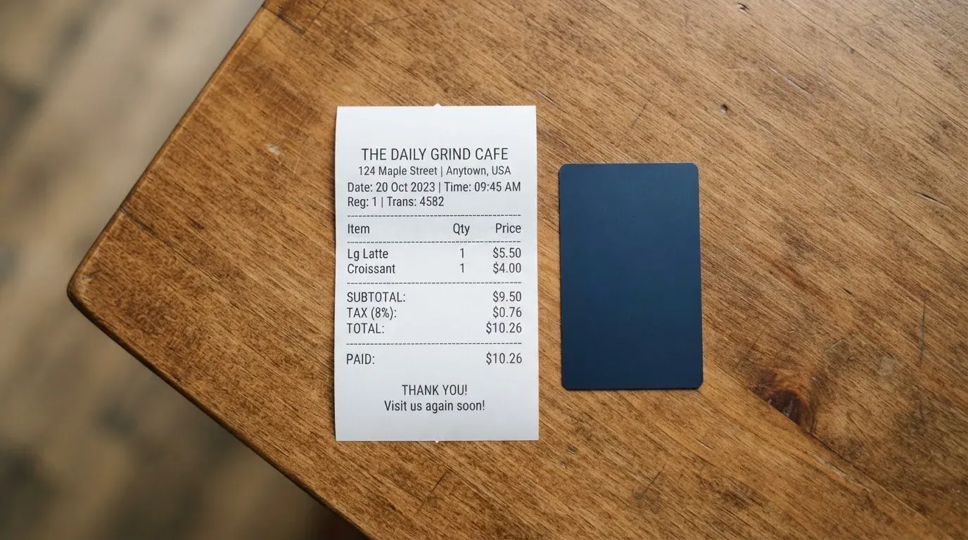 A receipt and a card on a café table