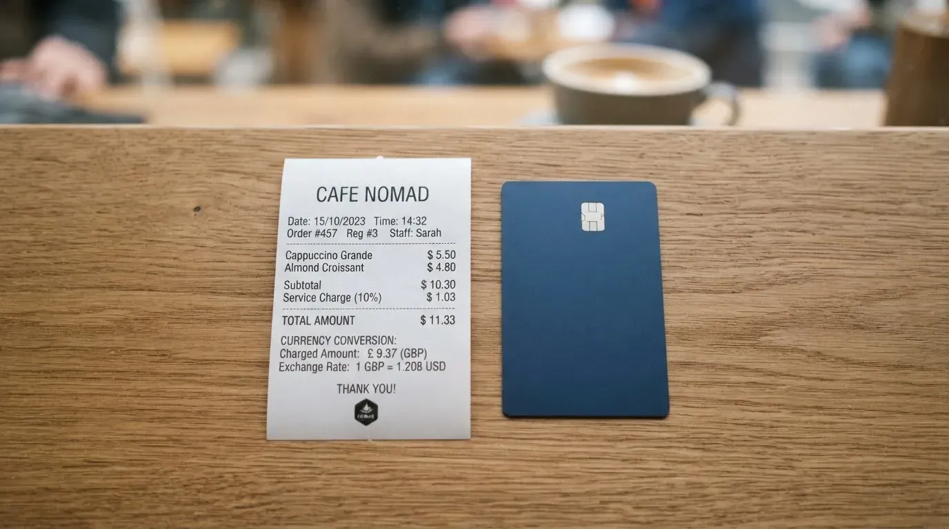 A receipt and a card on a café table