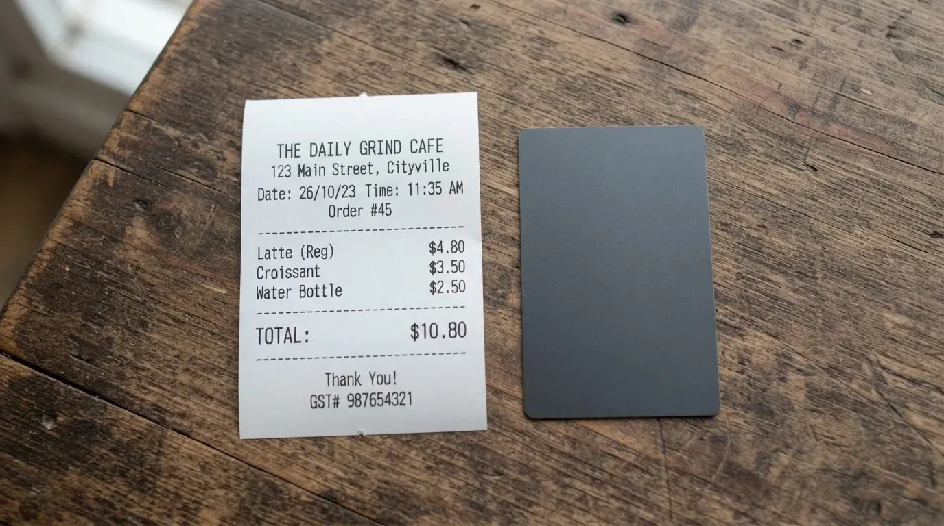 A receipt and a card on a café table