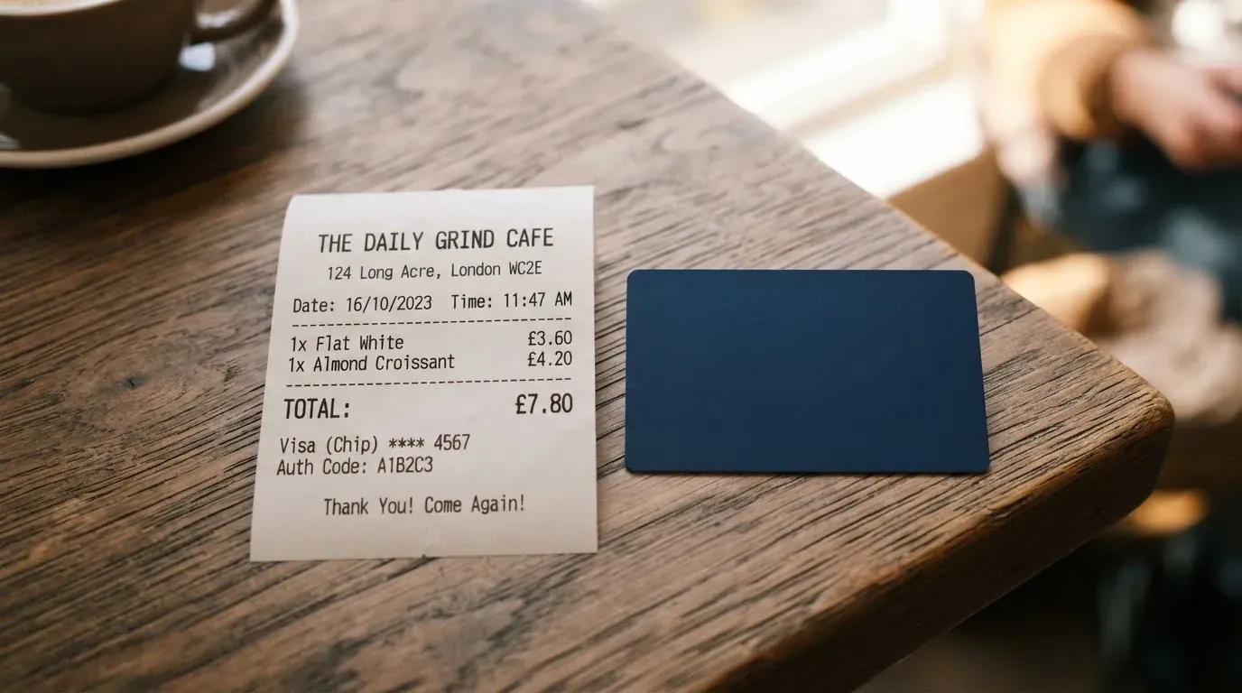 A receipt and a card on a café table