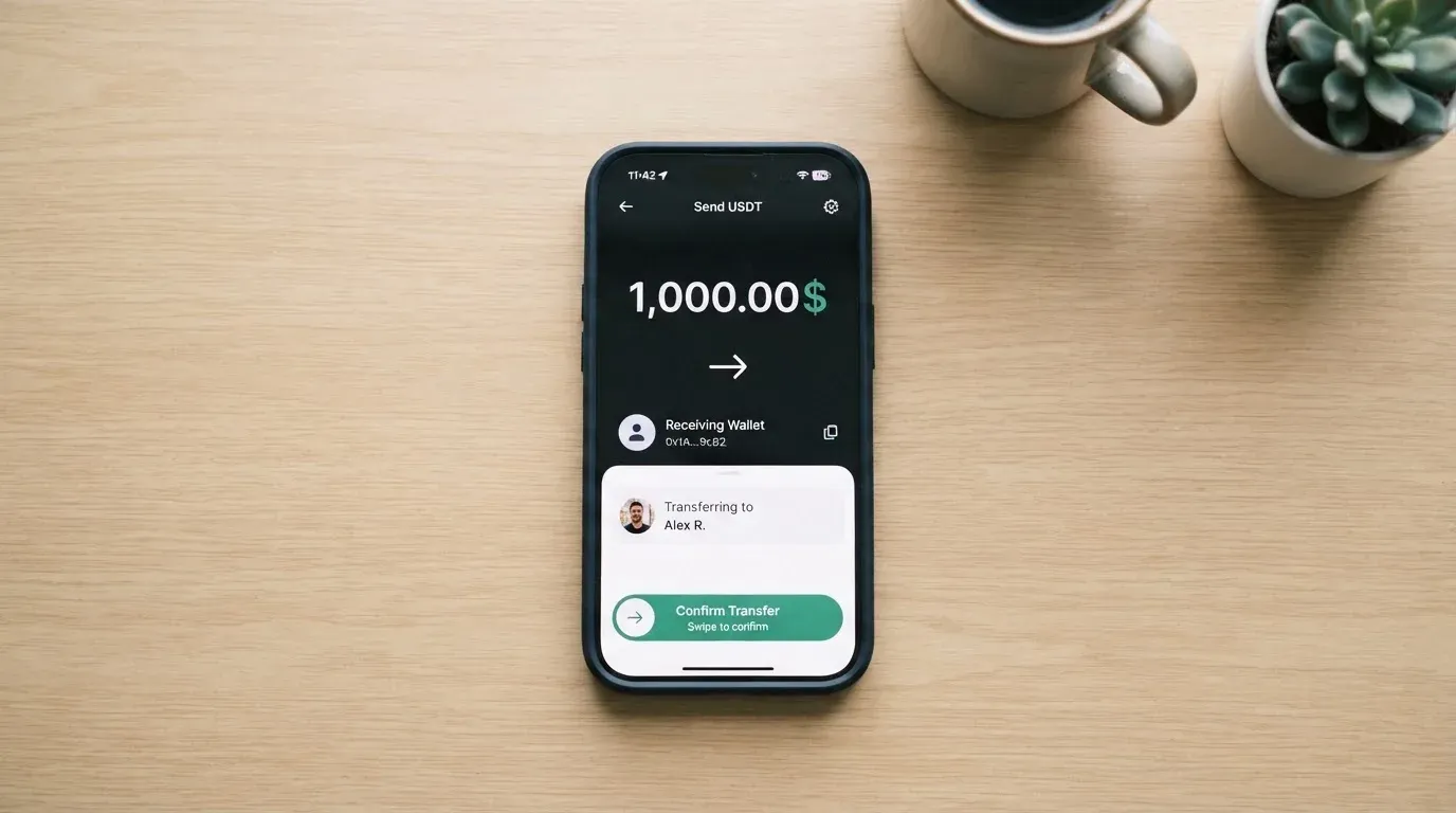 A phone showing a stablecoin transfer screen