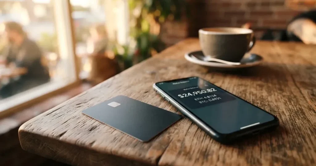 A payment card next to a phone with a crypto wallet app open