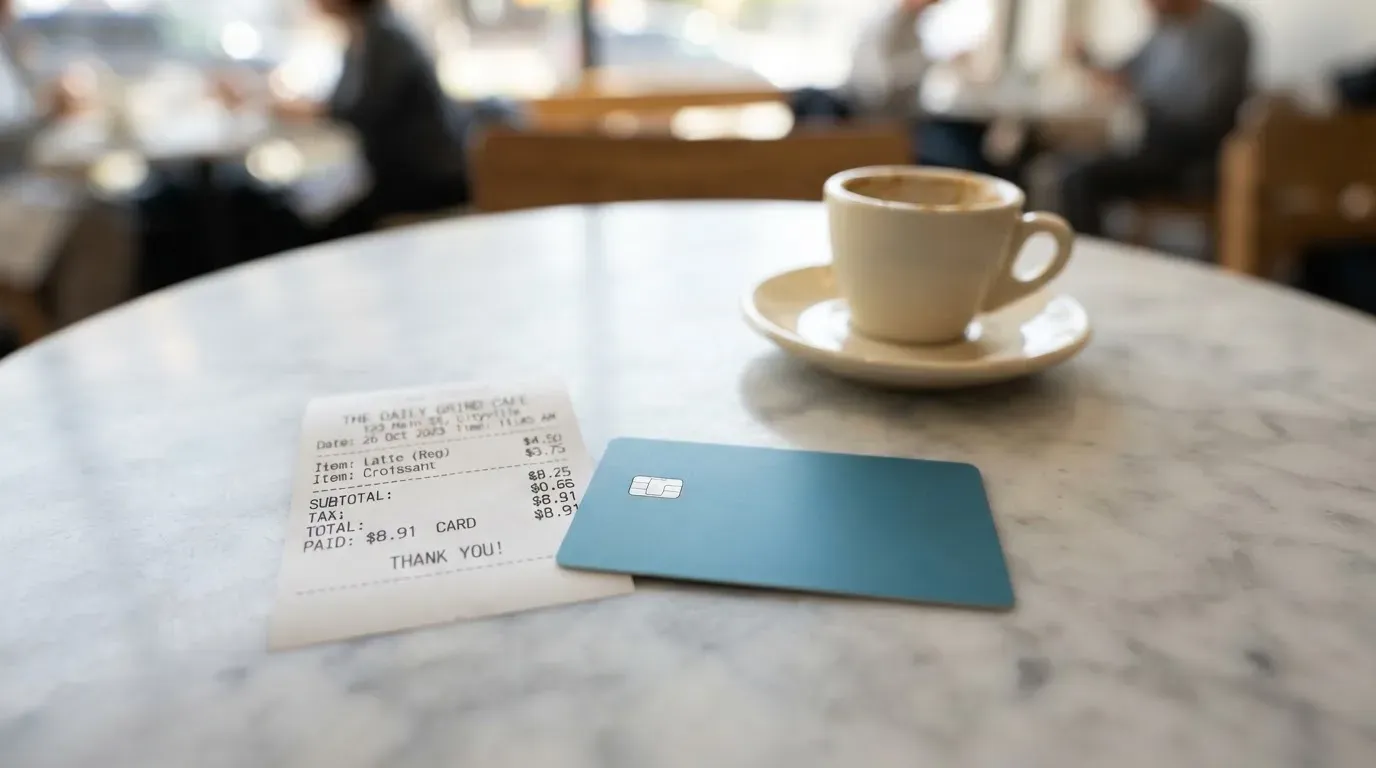 A receipt and a card on a café table