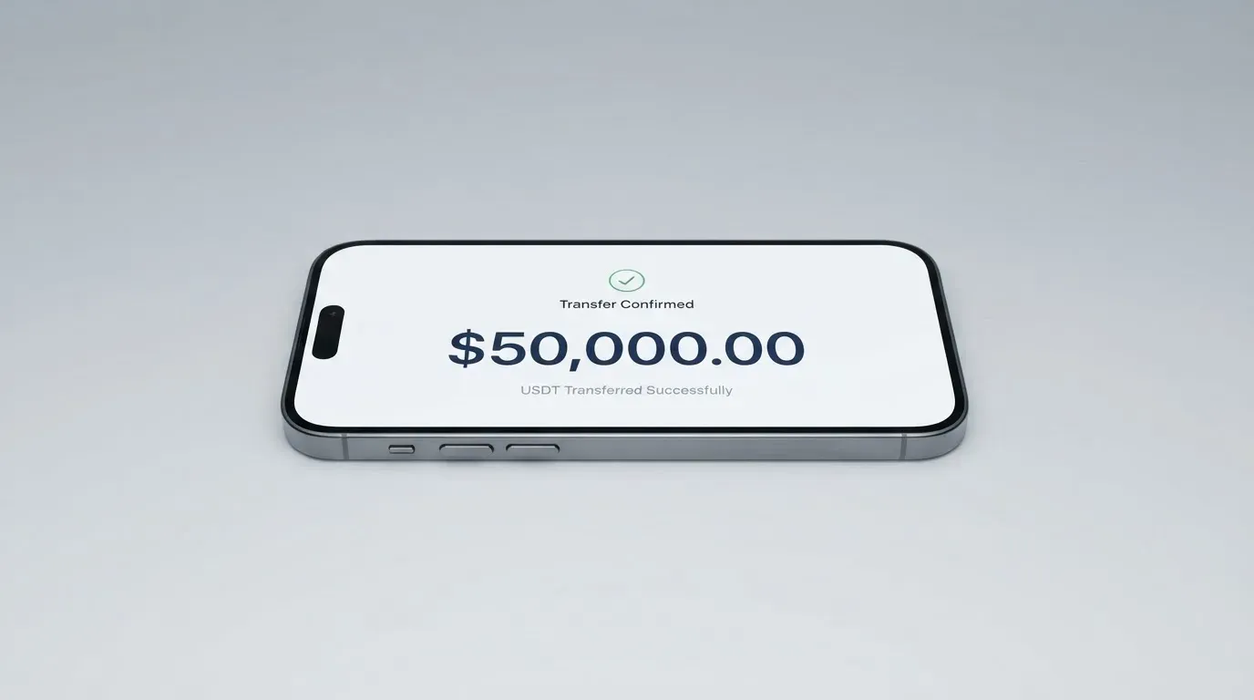 A phone showing a stablecoin transfer screen