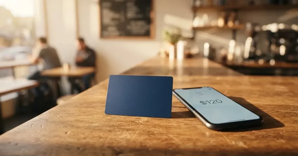 A payment card next to a phone with a crypto wallet app open