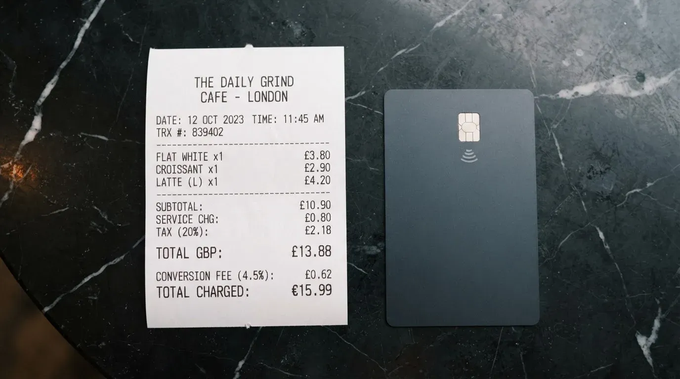 A receipt and a card on a café table
