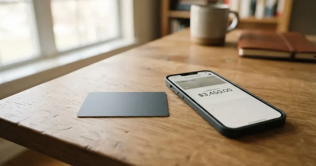 A payment card next to a phone with a crypto wallet app open