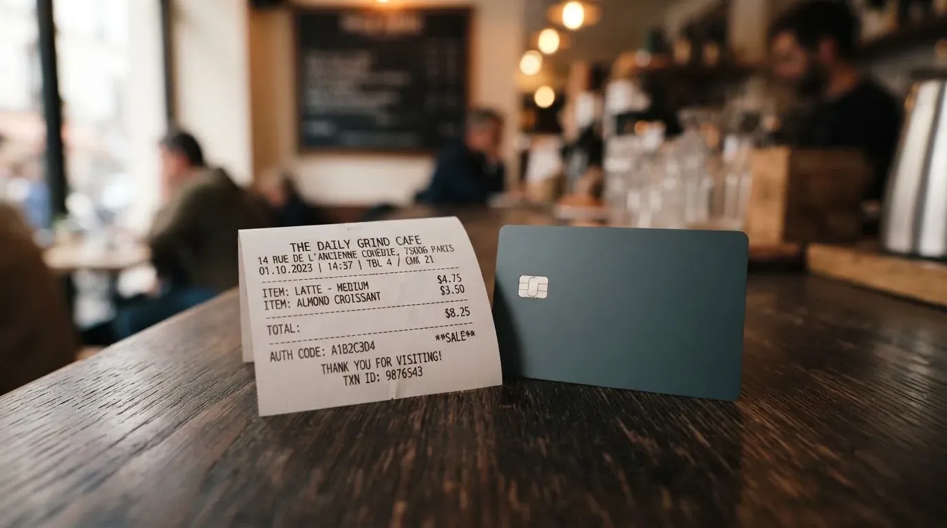 A receipt and a card on a café table
