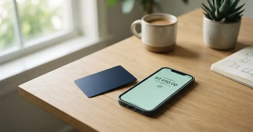A payment card next to a phone with a crypto wallet app open