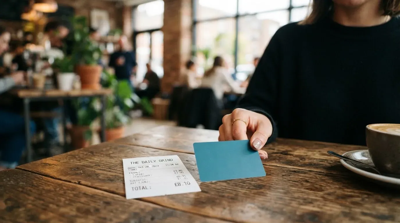 A receipt and a card on a café table