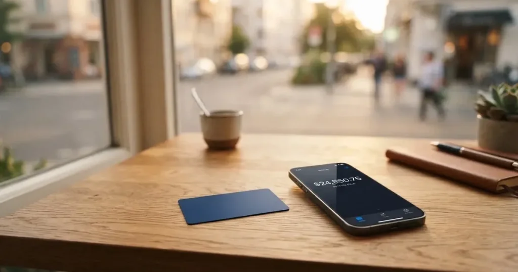 A payment card next to a phone with a crypto wallet app open
