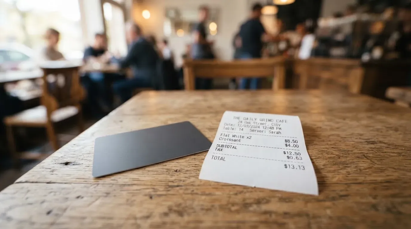 A receipt and a card on a café table