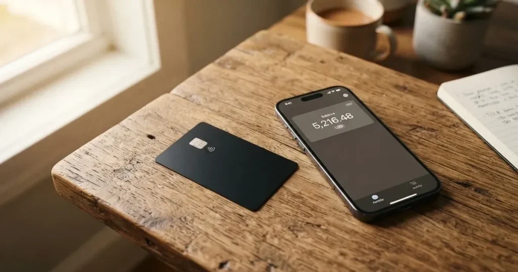 A payment card next to a phone with a crypto wallet app open