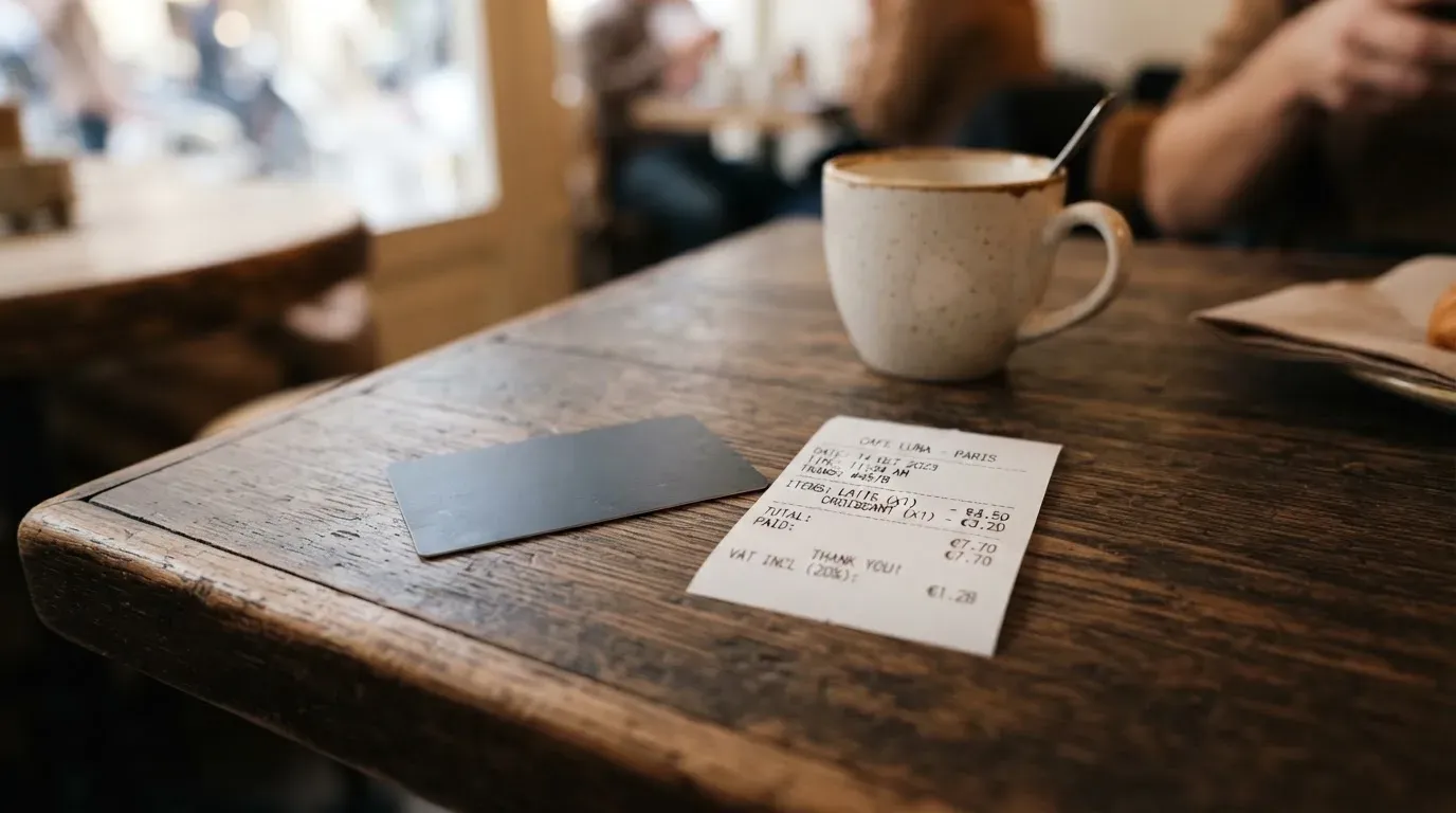 A receipt and a card on a café table