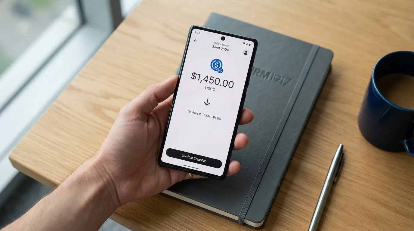 A phone showing a stablecoin transfer screen
