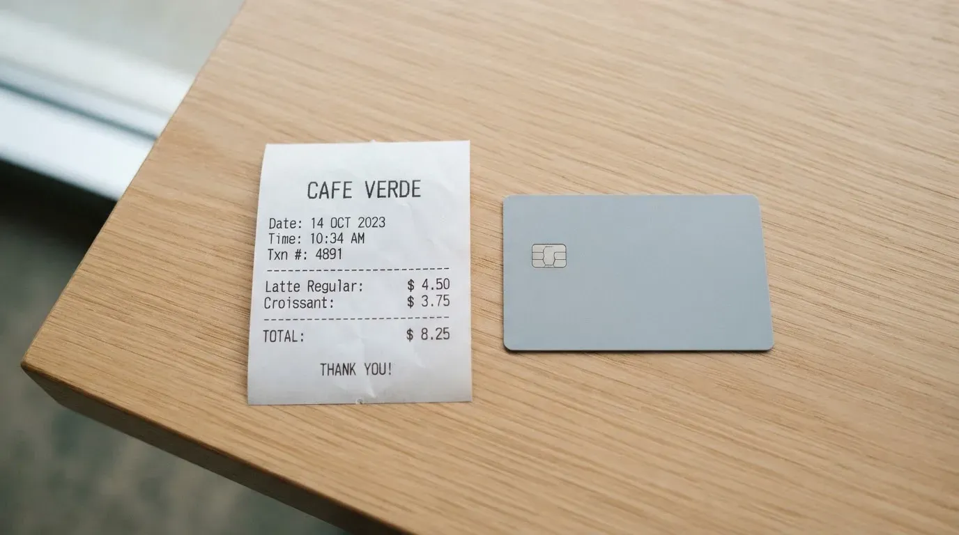 A receipt and a card on a café table