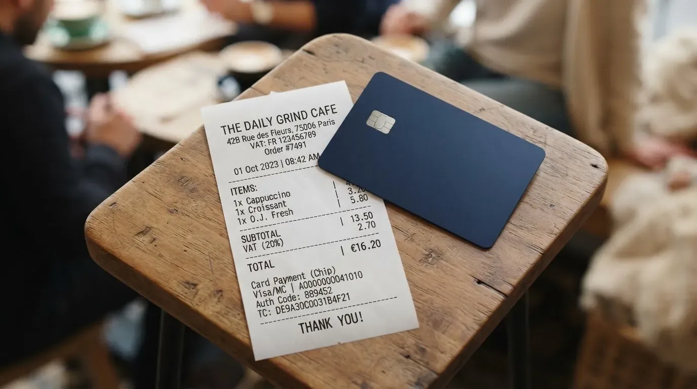 A receipt and a card on a café table