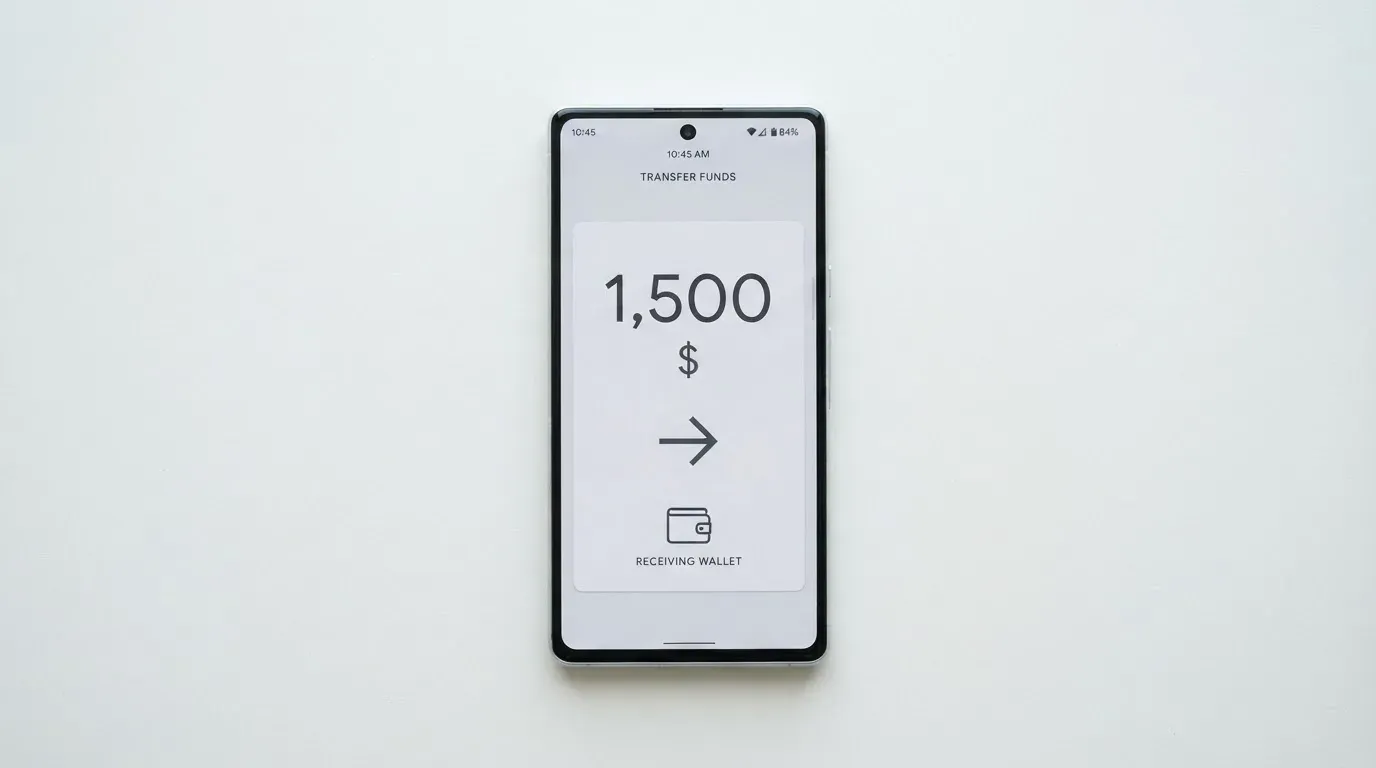 A phone showing a stablecoin transfer screen